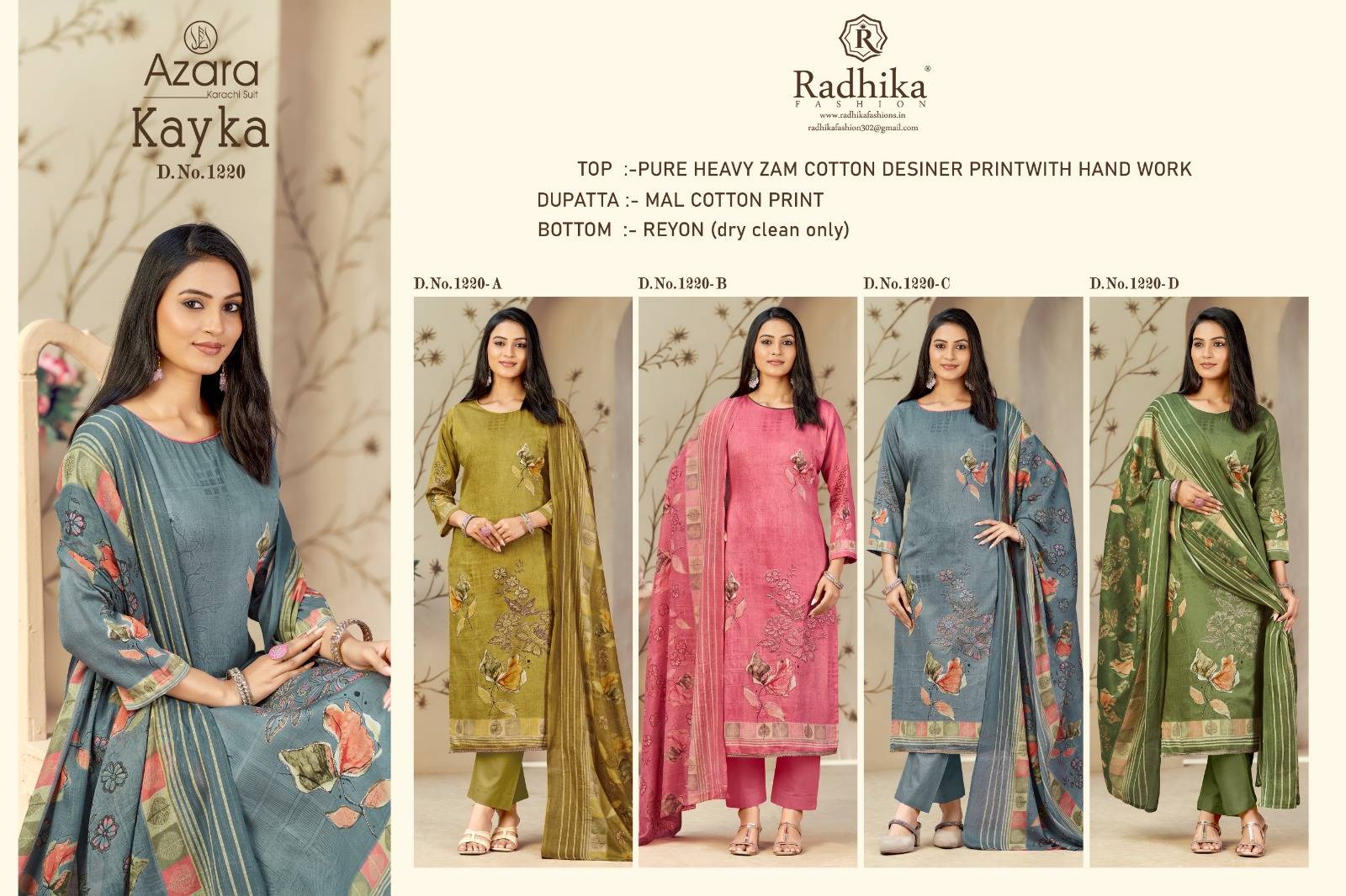 KAYKA by Azara 1220-A TO 1220-D SERIES Pakistani Stylish Embroidered PURE ZAM COTTON COLLECTION At Wholesale Price